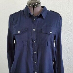 NWT GH Bass & Co Women's Button-down Shirt Small Navy Cotton Basic Classic